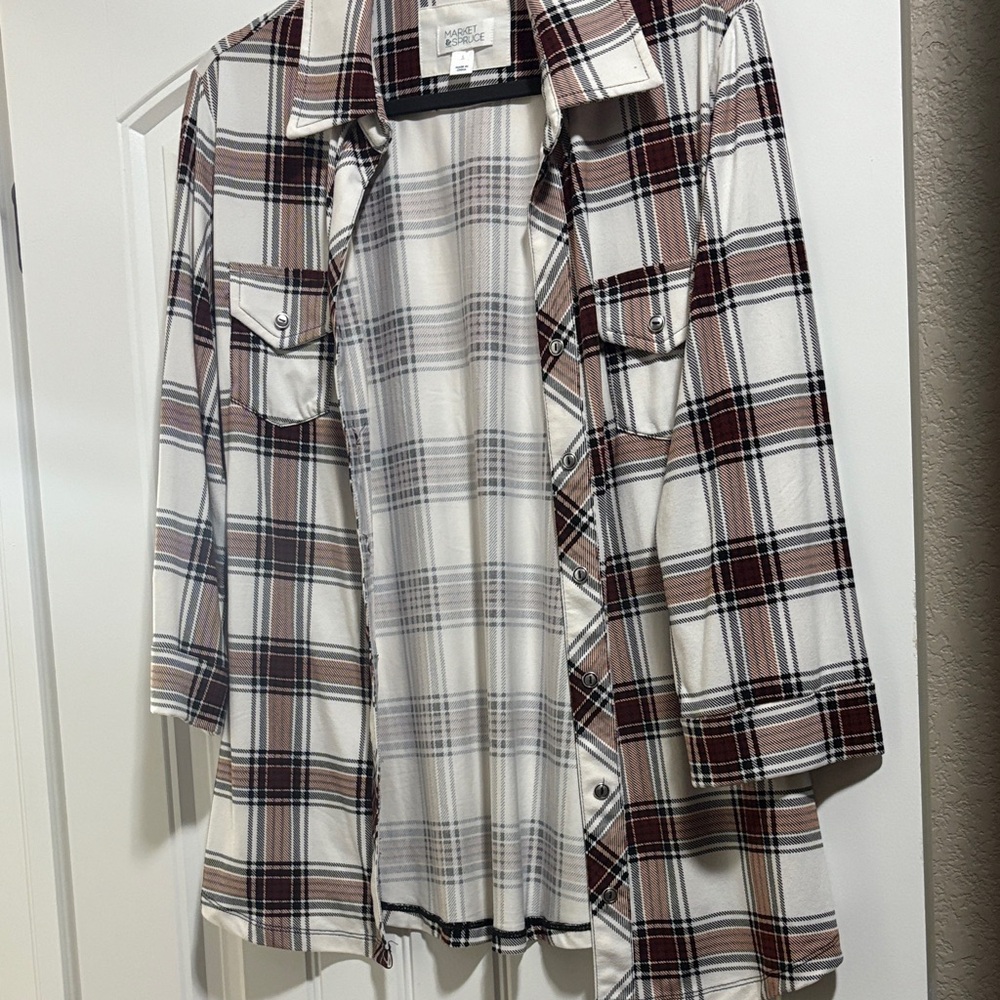 Market & Spruce Checkered Shirt Jacket in Cream and Brown